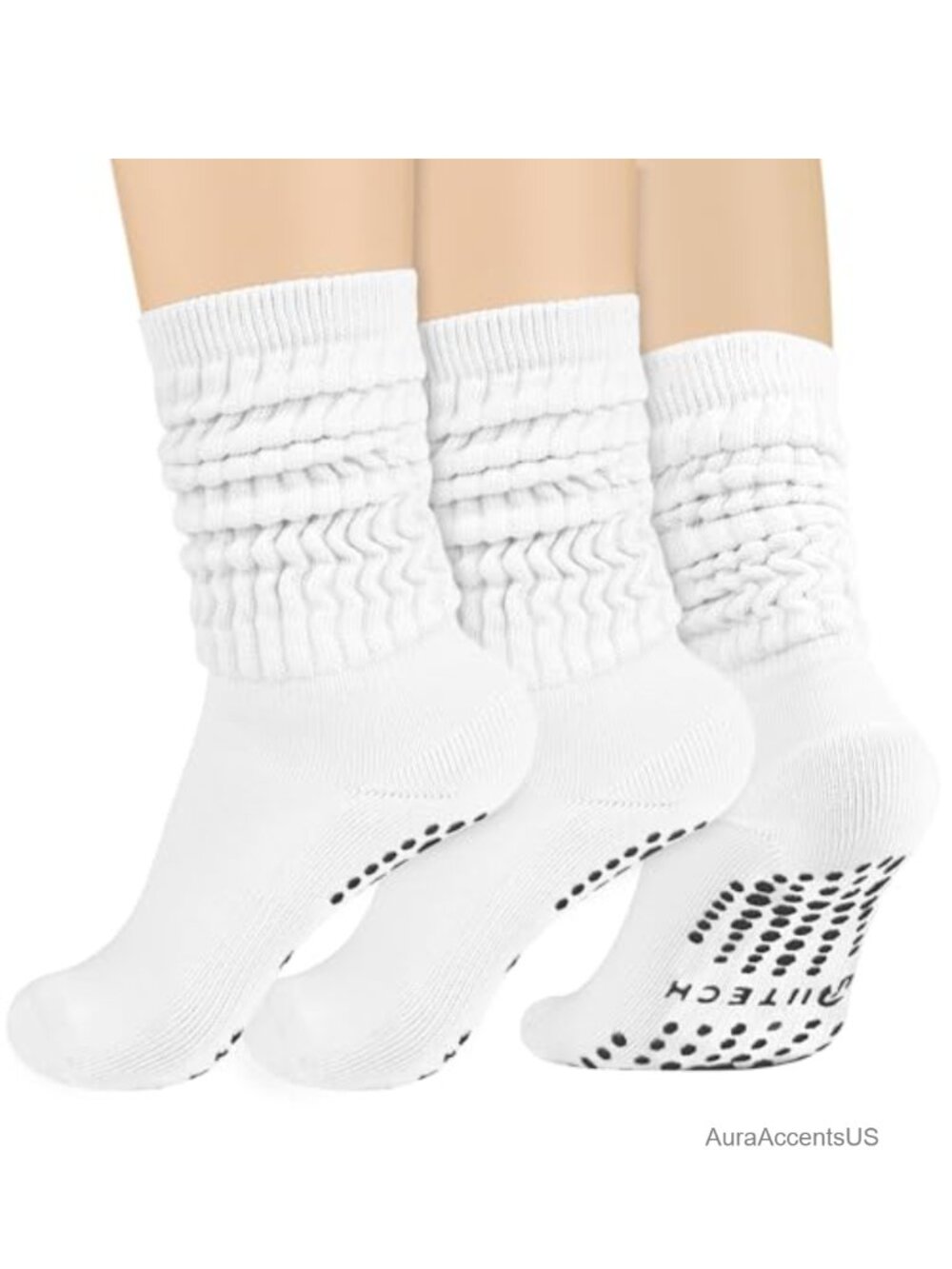 Slouch Socks with Grips, 3 Pairs Cotton Blend Scrunch Socks, Non-Slip Grip, Yoga